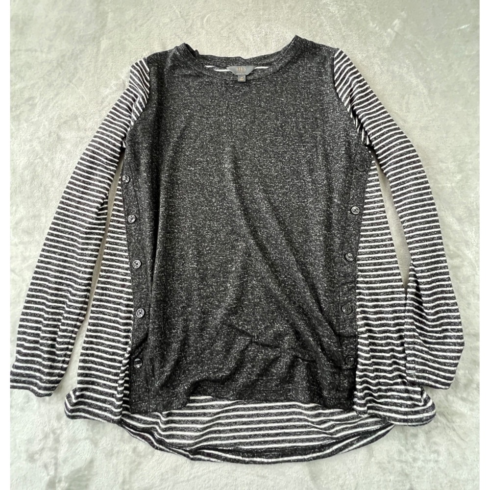 MIX by 41 Hawthorn Top Women 1X Gray Striped Long Sleeve Button Side Tunic